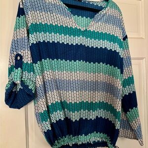 Cha Cha Vente Blue and Green V-Neck Blouse